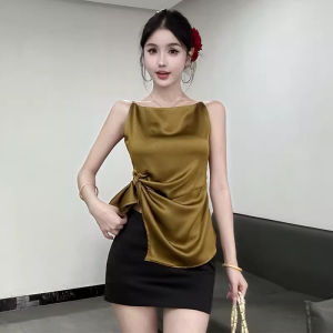 chaqi | Elegant Waist-Cinching Strap Vest Womens Outerwear Summer 2025 New Acid Satin Slim Fit Top Asymmetric Commute Style Solid Color