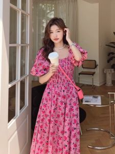 Summer Korean French Style Loose Square Collar Bubble Sleeve Floral Halter Dress Womens A-Line Dress Slimming Waist Effect