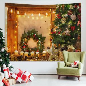 VIKAMA Ngôi Nhà Gỗ Ấm Áp Giáng Sinh Tấm Thảm Treo Tường Bằng Vải Polyester Mộc Mạc Để Trang Trí Phòng Khách Ấm Cúng Phòng Ngủ Không Dệt In
