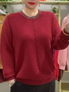 Trendy round Neck Glitter Knitwear Loose Long Sleeve Casual Versatile Spring New Arrival Womens Top for Middle-Aged Mothers