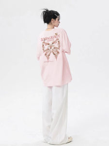 Loose Short Sleeve Womens T-shirt Pink Summer American Style Lazy Butterfly Knot Dopaamine Half Sleeve Top Comfortable round Neck