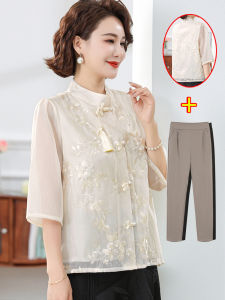 New Chinese Style Three-Quarter Sleeve Tops Summer Chinese Knot Button Shirt Female Middle-Aged Mother Wear Tassel Chiffon Embroider T-Shirt