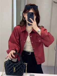 Angola Red Long Sleeve Shirt Jacket Women Short Style Spring Autumn New Small Size Versatile Top Pure Color Polo Collar Button Closure