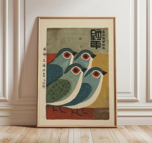 BILIBILI | Japanese Abstract Birds Art Canvas Print Frameless Retro Blue Bird Poster Minimalist Animal Illustration for Vintage Wall Decor