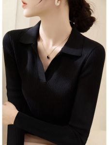 Spring Slim Fitting Red Polo Long Sleeve Knitted Top