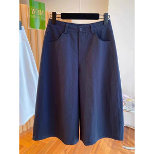 Dark Navy 7/8 Length Summer Lightweight Wide Leg Loose Straight Casual Pants