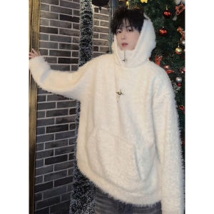 LiuBu American Red Cashmere Hooded Knitted Sweater Thick Winter Youth Casual Long Sleeve Soft Comfortable Polyester Fiber