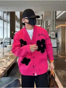 เสื้อสเวตเตอร์คาร์ดิแกนเปิดคอวีหลวมๆ สไตล์เกาหลีสำหรับผู้ชาย แฟชั่นฤดูใบไม้ร่วง/ฤดูหนาว เสื้อคลุมกันหนาวแบบสวมหัว