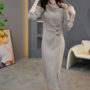 Thickened Womens Dress Elegant High Waist A-Line Skirt Long Sleeve Mid-Length Autumn Winter Fashion Luxury Sensation Single Piece