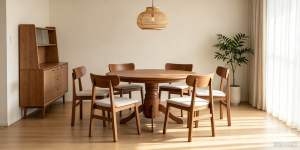 EWJ 2860 Kusyen Dining Chair+4ft Round Wood Dining Chair Set 1+6 Morden Cantik Murah Meja Bulat 6 Orang