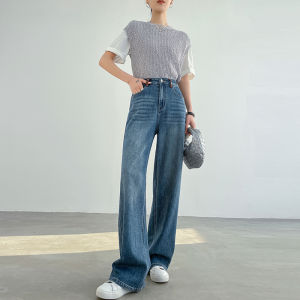 High Waist Wide Leg Blue Jeans Womens Slim Fit Casual Style Spring Autumn New Loose Hanging Straight Floor-Length Trousers