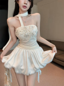 GUZILIAN | Off-Shoulder Sleeveless Beaded Necklace Knitted Top and Satin Bud Skirt Set