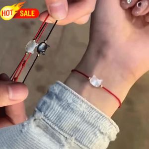 hot🔥1/2pcs Couple Cat Obsidian Bracelet Lover Natural Moonstone Charms Black Red Handmade Rope Bracelets Best Friends Jewelry Gifts