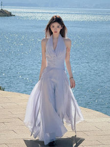 French Elegant Neckline Tie Backless Long Dress Womens Vacation Beach Atmosphere Photo Taking Sleeveless A-Line Gown