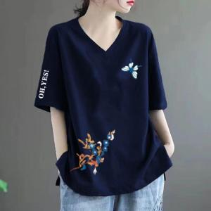 Slimming Fashionable Summer Short Sleeve T-Shirt Womens V-neck Loose Large Size Mom Casual Printed Top Korean Style Cotton