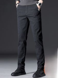 ROMON | Romon Mens Thickened Fleece Casual Pants Winter Business Style Slim Fit Long Trousers Fashionable Trendy Straight Leg Trousers