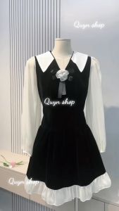 Đầm Nhung Tiểu Thư Cổ V Sơ Mi Đính Ghim Hoa Trà Phối Tay Bồng Chất Liệu Voan QUYN.041