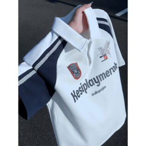Americana Letter Print Color Block Stripe Polo Shirt