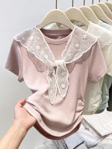 Ruffle Hem Lace Shoulder Baring Short Sleeve round Neck T-Shirt Womens Slim Fit Summer New Design Top Korean Style Pure Color