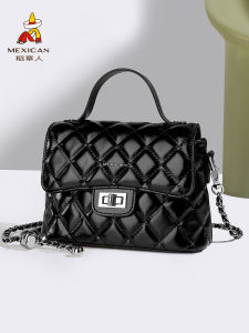 Fashionable Versatile Ladies Chain Strap Crossbody Bag Urban Minimalist Style Diamond Pattern Lock Buckle Closure PU Leather