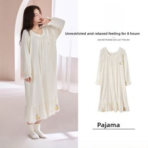 Miiow | Pure Cotton Princess Style Long Dress Sleepwear Sweet Home Clothes For Girls Autumn Season V-Neck Long Sleeve Floral Print