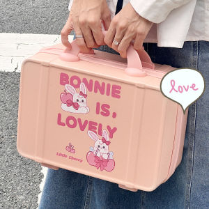 กล่องใส่เครื่องสำอาง14นิ้วแนววินเทจกระเป๋าเดินทางแบบถือสำหรับผู้หญิง INS กระเป๋าเก็บของลายการ์ตูนน่ารักสำหรับนักเรียนกล่องเดินทางแบบพกพาสะดวก