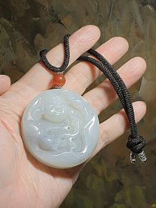 Premium greasy & massive Nephrite whitish Qinghua hand carved Laughing Buddha Jade handheld large pendant (with certificate) 精品和田玉厚重细腻油润白青花手工雕刻弥勒佛笑佛把件(带证书)