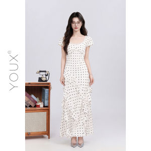 YOUXIANG | Đầm Beige Chấm Bi Nổi Dây Đai Ruffle Mẫu Mới 2026
