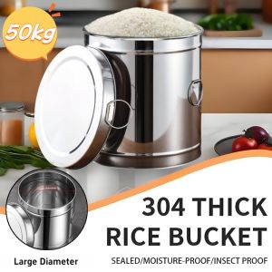 Thicken Stainless Steel Rice Dispenser 25 kg /10kg/5kg/50kg Large Capacity Barrel Insect Proof and Moisture-proof Rice Tank Air Tight Food Container Rice Storage Container 25kg Rice Keeper Storage Kitchen Organizer