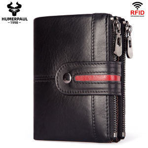 HUMERPAUL 100% Genuine Leather Mens Casual Wallet RFID Blocking Credit Card Holder with Zipper Coin Pocket Short Male Clutch Bag
