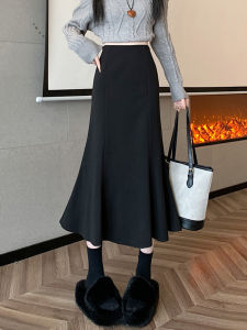 Váy Midi Chữ a Màu Đen Bằng Vải Len Cho Nữ Mùa Thu Đông Cạp Cao Dáng Chữ a Ôm Sát Dáng Đuôi Cá