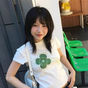 Lucky Grass Print round Neck Short Sleeve Pure Cotton T-Shirt Womens Summer New Style Slim Commuting Top Korean Version