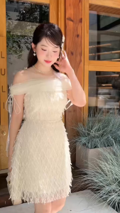 QC_ Đầm tiểu thư dạ tiệc đầm dạ hội mini váy cocktail xinh ngọt ngào trễ vai Ren tua rua phối lưới cao cấp có mút