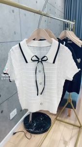 🔥[C054] Áo len thun Montoghi dệt kim QC cổ polo GÂN Ô kèm NƠ NHỎ tay ngắn Quảng Châu - kholenqc