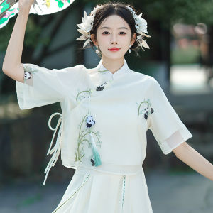 New 2024 Zen Style Chinese National Womens Suit Cheongsam Improved Dress Panda New Chinese Two-Piece Set Summer Dress