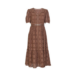 Elegant Short Sleeve Embroidered Dress Wrap up Fish Tail Design Summer New Vintage Heavy Work Cotton A-Line Midi Dress