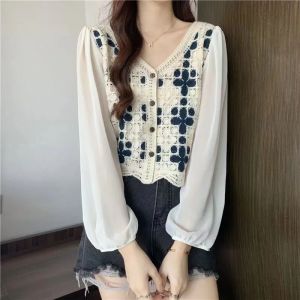 French Vintage Design Short Sleeve Bubble Sleeve Chiffon Lace Embroidery Shirt Women Summer V Neck Splice Style Korean Version
