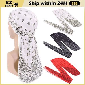 Satin Men Cashew Flowers Cap Hip Hop Du Doo Rag Durag Turban Streetwear Bandana Headwear Long Hat Tie Down Tail Hair Accessories