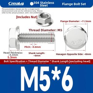 Creaby | 304 Stainless Steel Hexagon Head Flange Bolts and Nuts Set M5