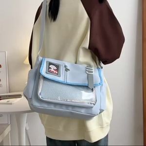 Túi Đi Học Harajuku Dành Cho Nữ Sinh Tuổi Teen 2025 Túi Đeo Chéo Trong Suốt Có Khay Trưng Bày Huy Hiệu DIY Màu Đen Be Xanh Dương Vàng