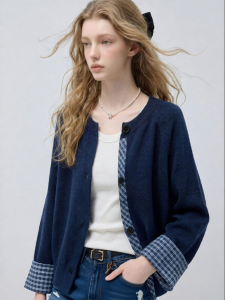 Retro Patchwork Blue Knitted Cardigan Slim