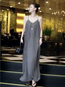 Elegant Vertical Stripe Pleated Summer Long Dress Womens Sleeveless High Waist A-Line Gown Korean Style Commute Fashion