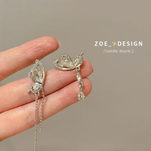 Asymmetric Butterfly Zircon Tassel Silver Needle Earrings Womens Unique Design Elegant Sensation Speciality Ear Jewelry