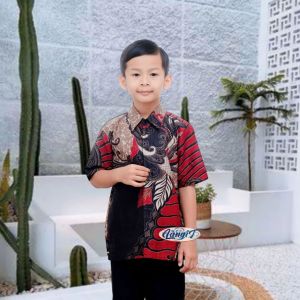 Kemeja Batik Ayah dan Anak Laki-laki Lengan Panjang Umur 2-12 Tahun Motif Merah Seragam.
