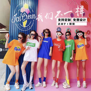 เสื้อยืดแขนสั้นผู้หญิงฤดูร้อนหลวมพิมพ์โลโก้เครื่องดื่มสoda สไตล์เกาหลี คอกลม ผ้าฝ้าย 100% เสื้อยืดแฟชั่นสำหรับผู้หญิง