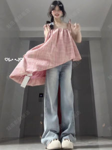 Sweet Pink Plaid Strapless Top Womens Summer Small Size Asymmetric Hem Sleeveless Korean Style Loose Fit Online Exclusive