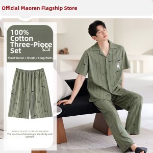 MiiOW | Mens Summer Cotton Lightweight Breathable Large Size Short Sleeve and Long Pants Three-Piece Home Suit