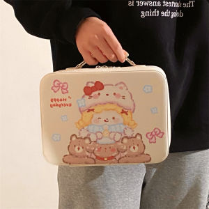 Cute Portable Travel Makeup Bag Large Capacity Cosmetic Storage Bag Handheld Mirror Included for Women Cartoon Cubic Shape