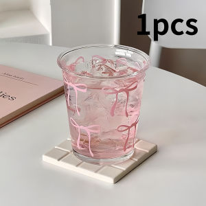 Bow Glass Cup Cute Water Cup Cartoon Bow Glass Cup Striped Cute Doodle Coffee Mug Household Fruit Tea Lemonade Girls Gift