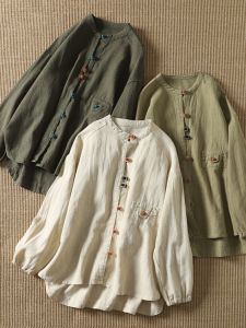 Colorful Chinese-Style Shirt for Women with Artistic Zen Tea Design and Loose Fit Long-Sleeve Stand Collar Ideal for 30-34 Birthday Parties